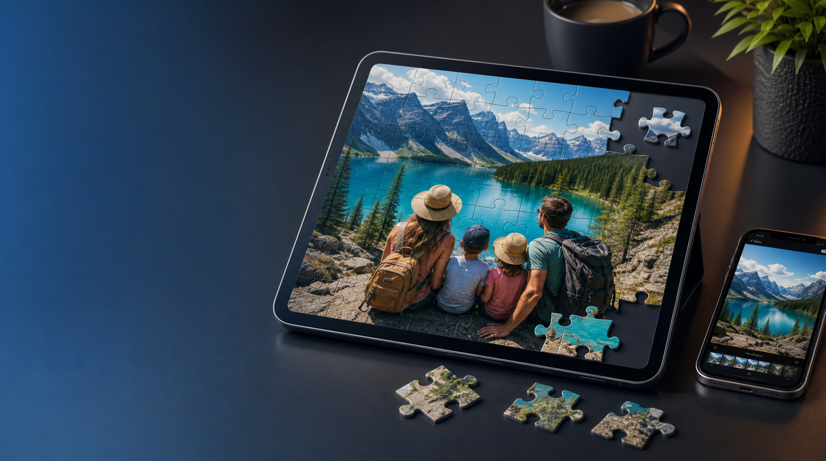 Tablet showing a photo puzzle in progress